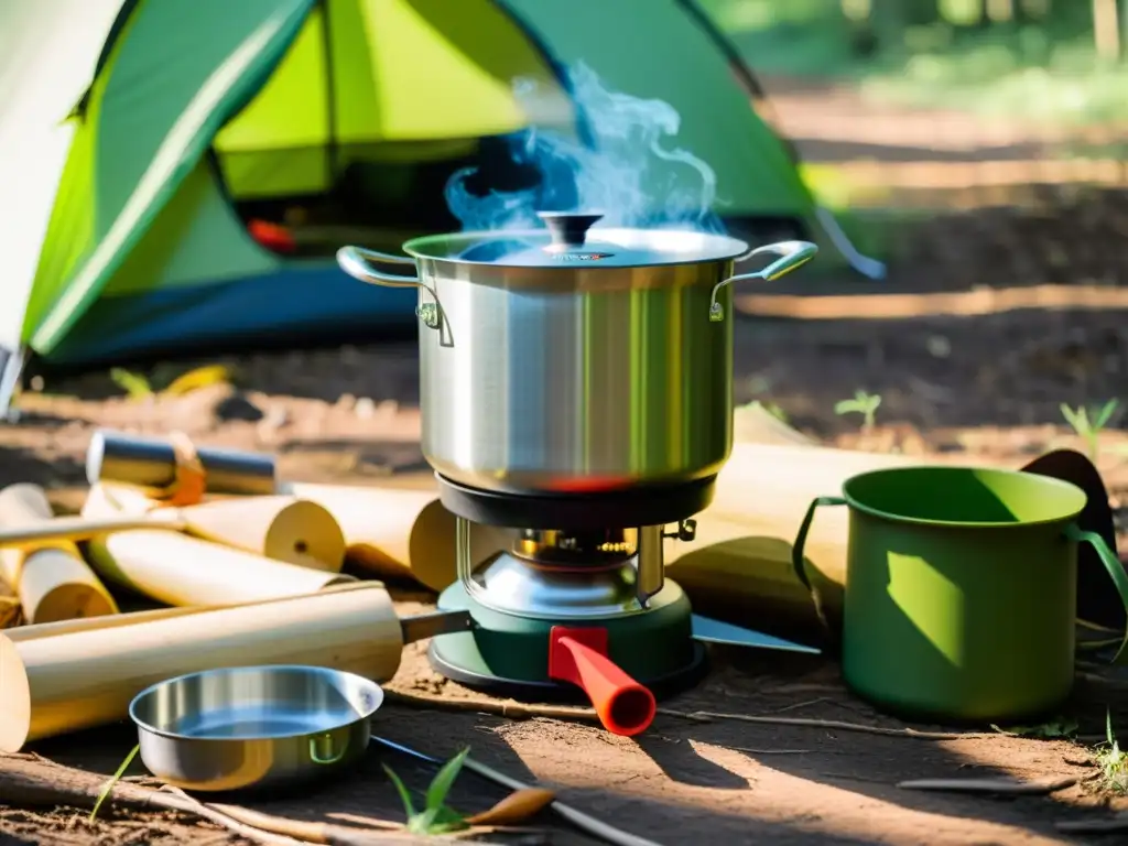 Escena de campamento ecoconsciente con utensilios de cocina portátiles ecológicos en el bosque