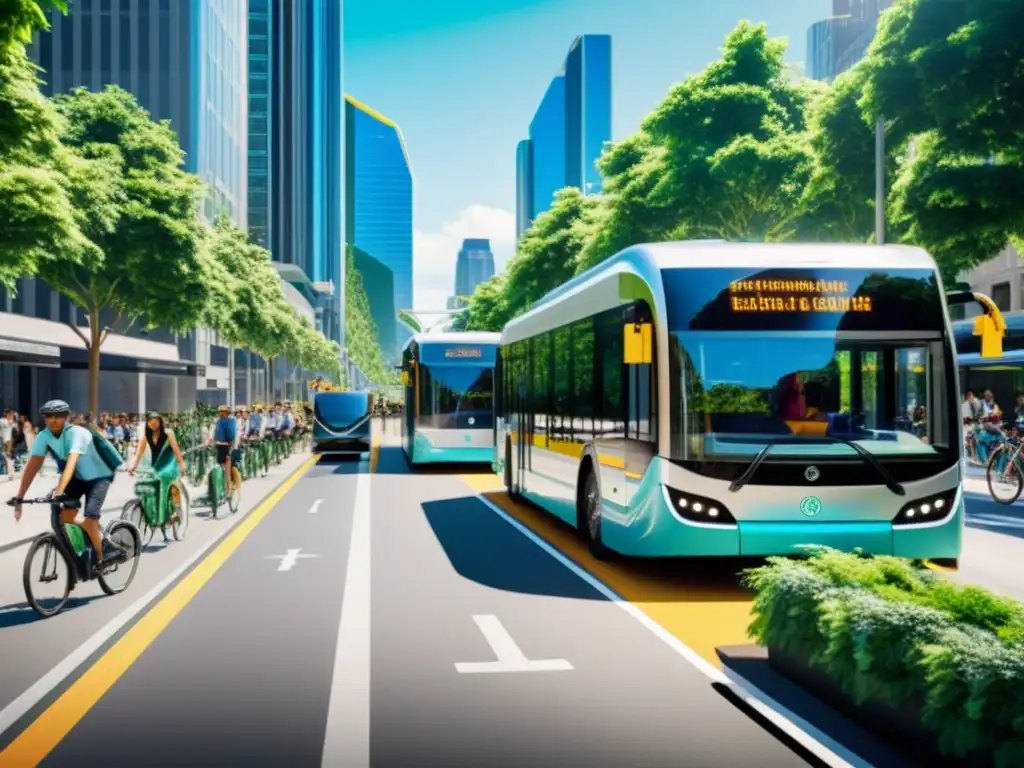 Escena de ciudad vibrante con transporte público verde sostenible, buses eléctricos, bicicletas y vegetación exuberante