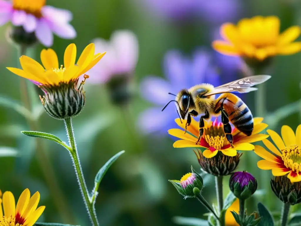 Una escena detallada de polinizadores en un campo de flores silvestres vibrantes, con abejas y otros insectos en una coreografía de vida