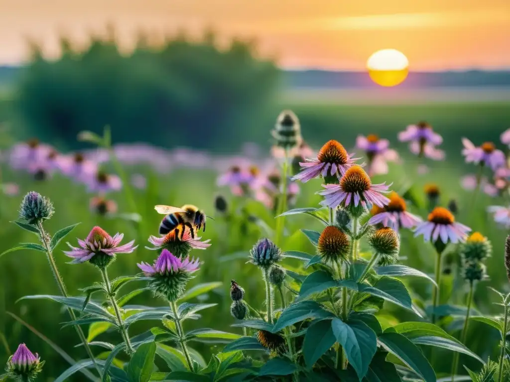 Escena detallada de pradera en 8k, resaltando la importancia de especies nativas como la equinácea morada, pasto azul y asclepia para mariposas