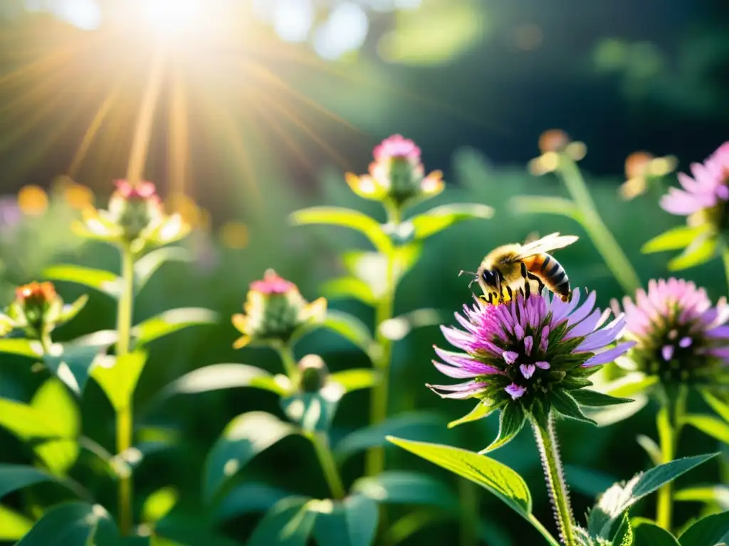 Escena detallada de una pradera llena de flores silvestres, con una abeja polinizando una equinácea morada