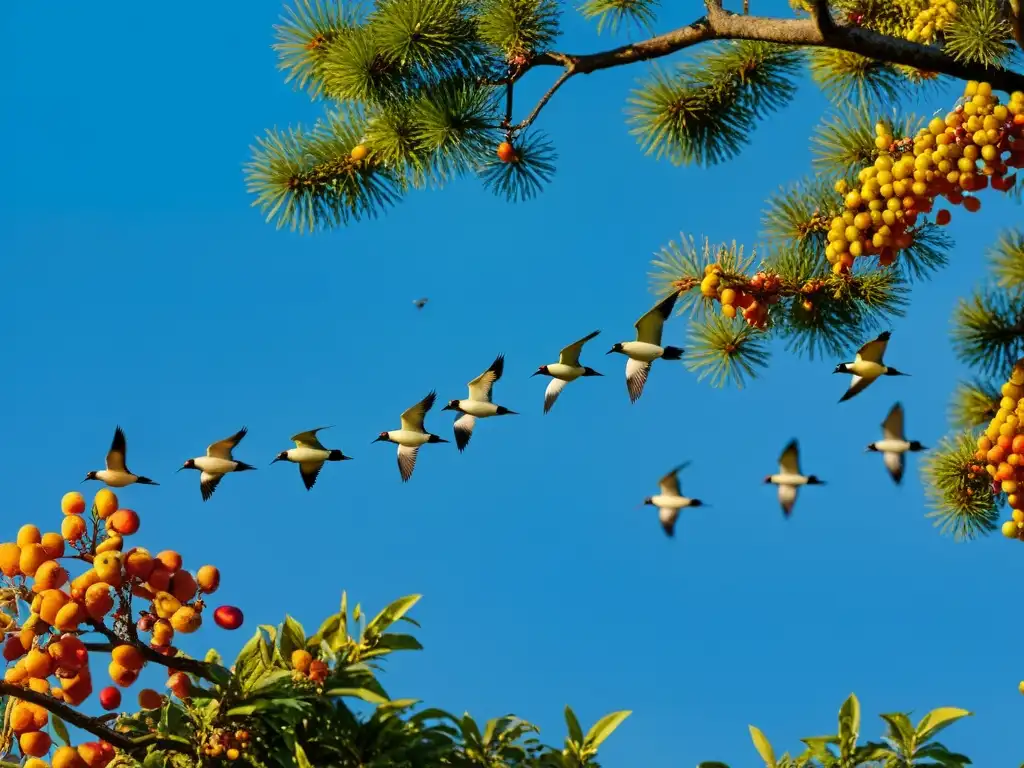 Una escena dinámica de aves migratorias en pleno vuelo, rodeadas de vibrantes semillas y frutas