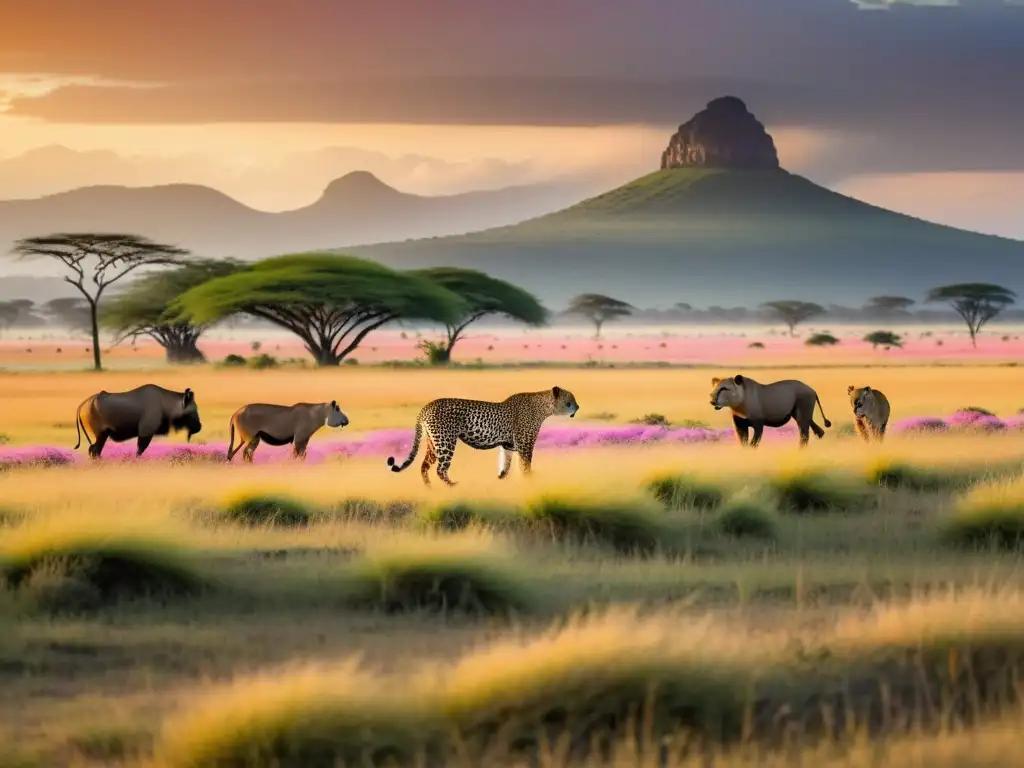 Escena de la ecología de las sabanas de América del Sur: capibaras, jaguar y paisaje dorado al atardecer