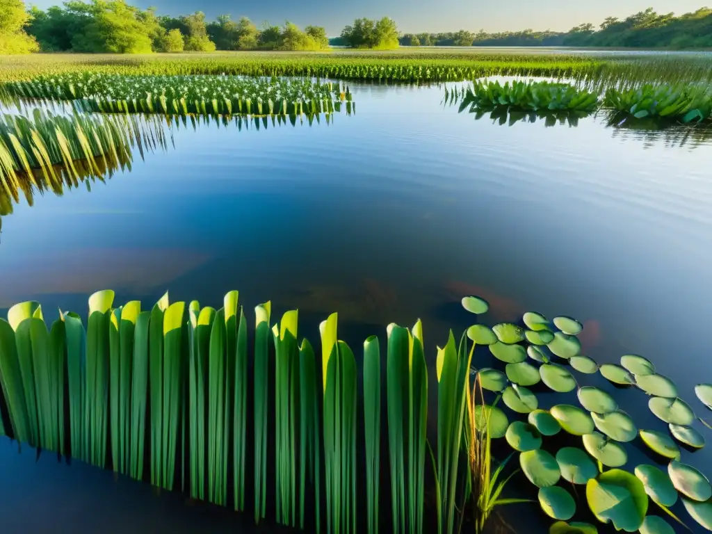 Escena exuberante de humedal con plantas purificadoras en ecosistemas acuáticos