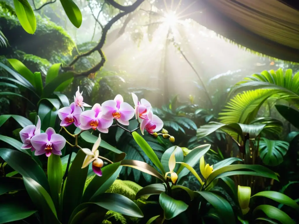 Escena exuberante de orquídeas en la selva, resaltando la importancia de orquídeas en biodiversidad selvática