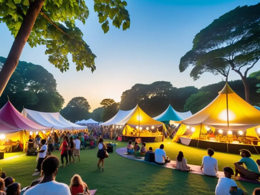 Festival ecológico: música, arte y conciencia ambiental Escena festiva vibrante y comprometida con sensibilización ambiental, llena de color y alegría comunitaria
