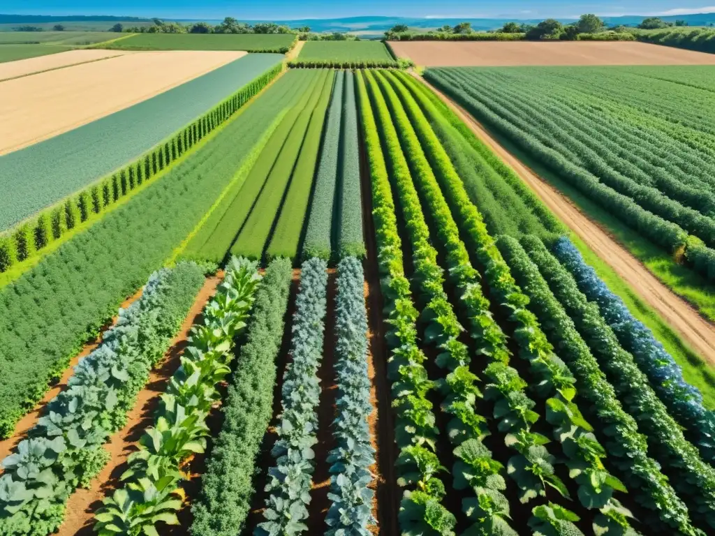 Escena de granja orgánica con prácticas sostenibles en agricultura certificaciones verdes, agricultor inspeccionando cultivos al atardecer