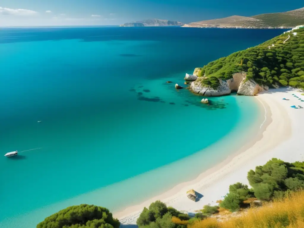 Escena idílica de una playa remota en una isla griega, con aguas turquesas, arena dorada y vegetación exuberante