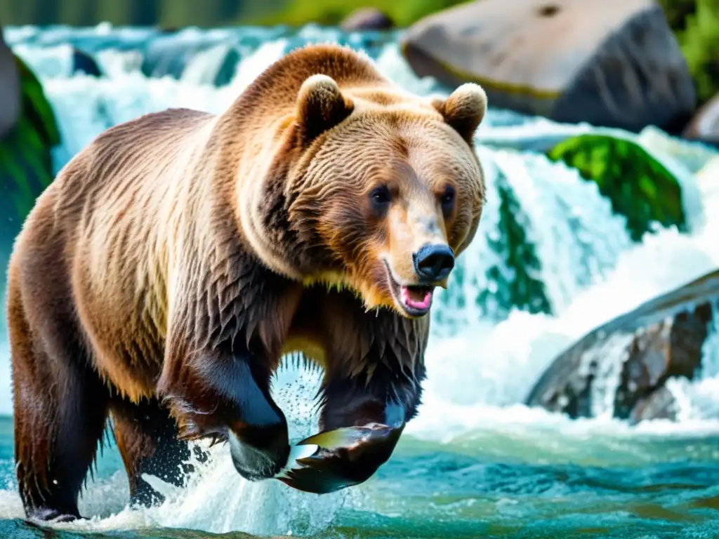 Escena impresionante de vida salvaje en los Parques Nacionales de Norteamérica: un majestuoso oso grizzly capturando un salmón en un río