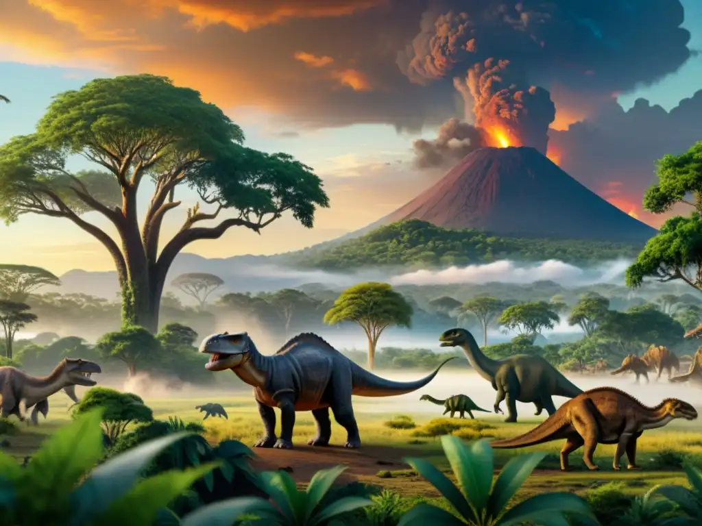 Una escena majestuosa de ecosistemas de megafauna del pasado, con dinosaurios herbívoros en un paisaje exuberante y un volcán en erupción al fondo