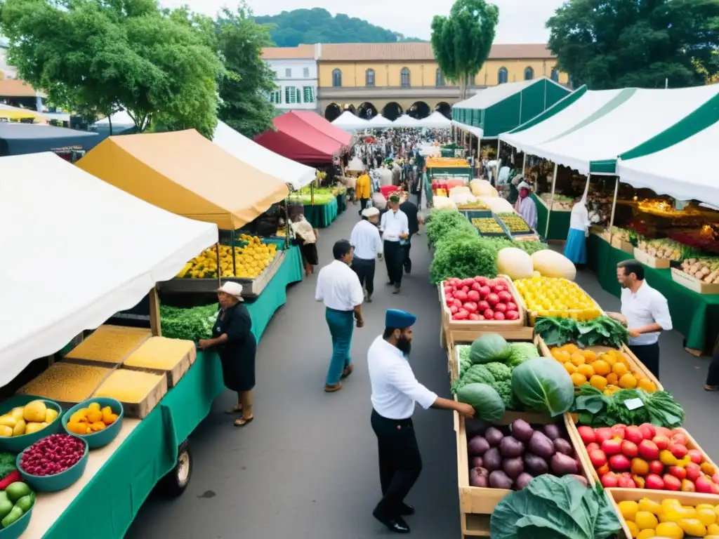 Escena de mercado vibrante con chefs y restauradores disfrutando de la gastronomía sostenible junto a productores locales