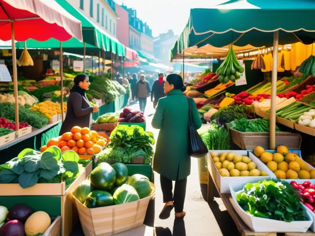 Escena de mercado vibrante y diversa en una ciudad bulliciosa, con puestos coloridos rebosantes de frutas, verduras y hierbas orgánicas frescas