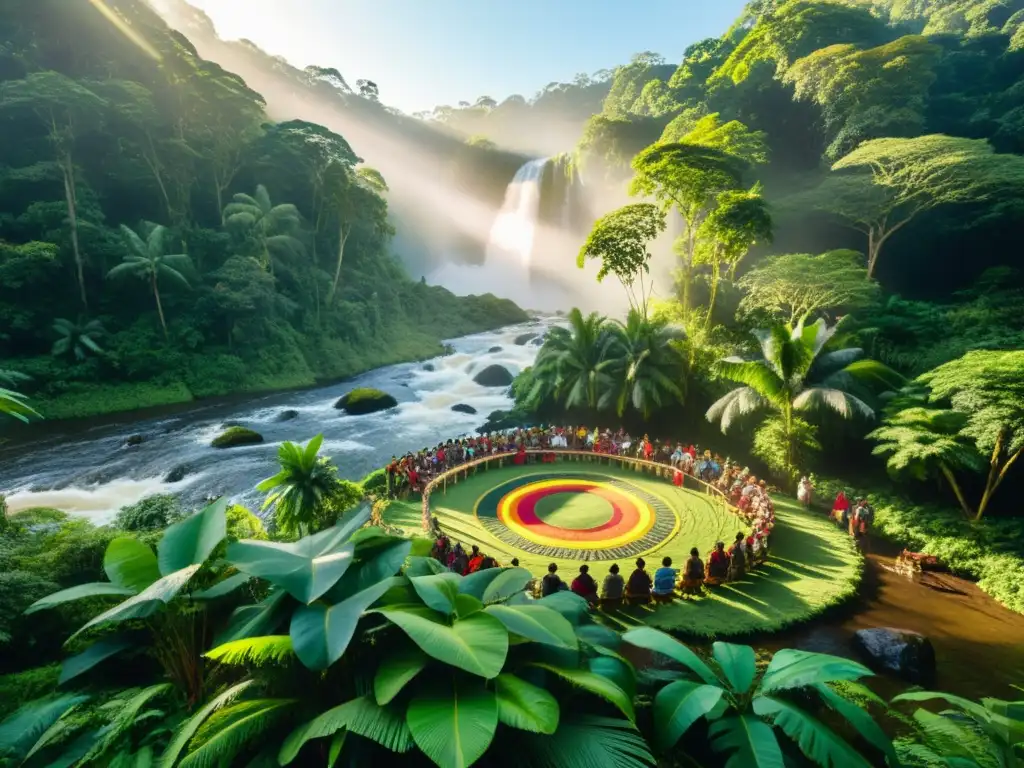 Escena de selva exuberante con árboles imponentes, río serpenteante, luz filtrada y ceremonia indígena