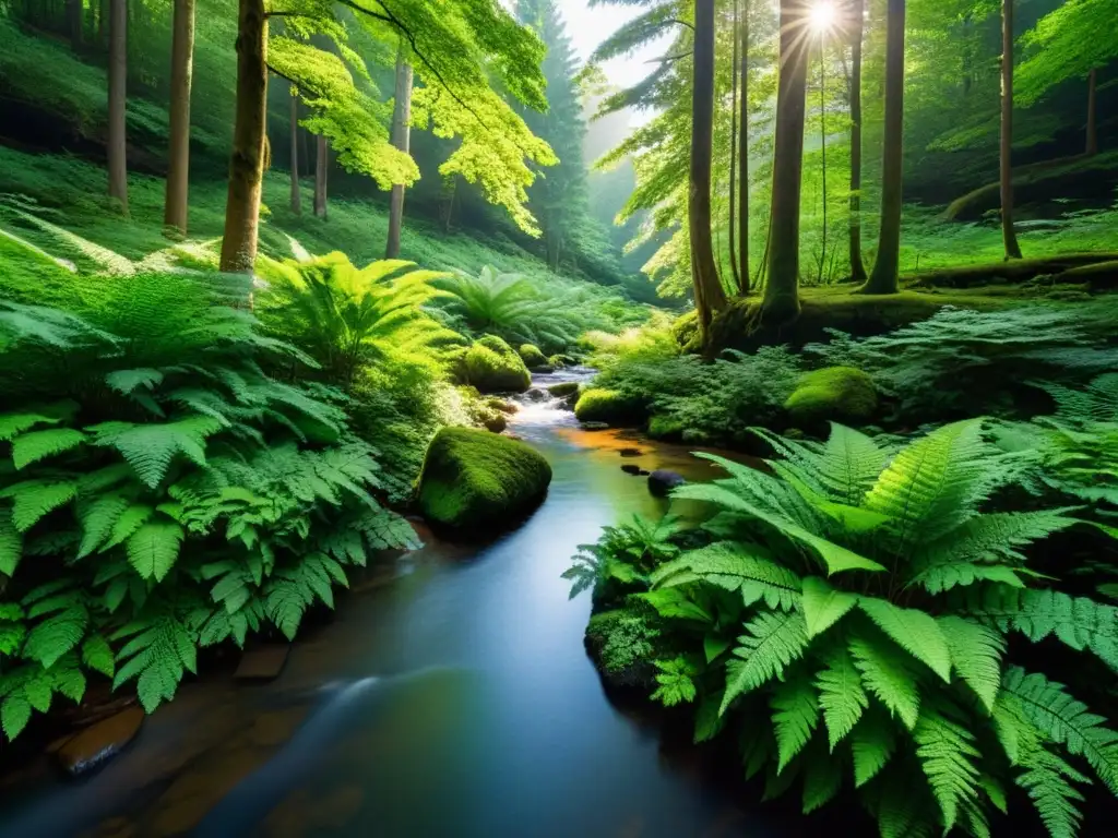 Escena serena de un bosque intocado con luz solar filtrándose entre el dosel, creando sombras moteadas en el suelo