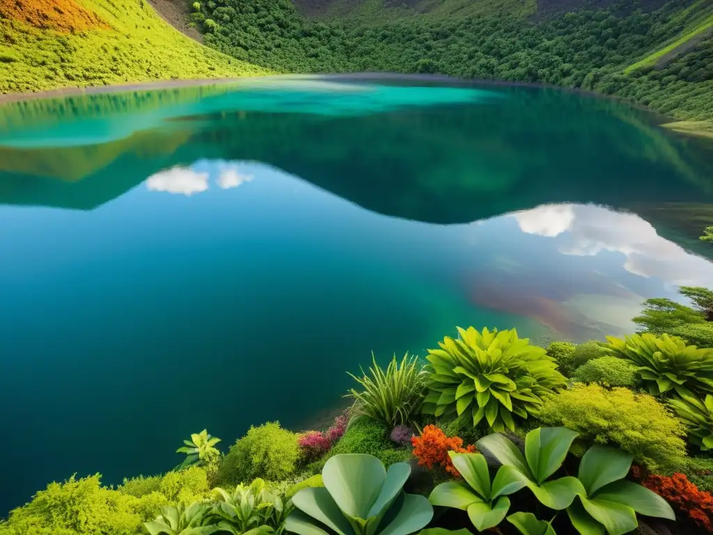 Escena serena de lago volcánico con ecosistemas lagos volcánicos biológicos vibrantes y diversa vida acuática bajo el agua cristalina