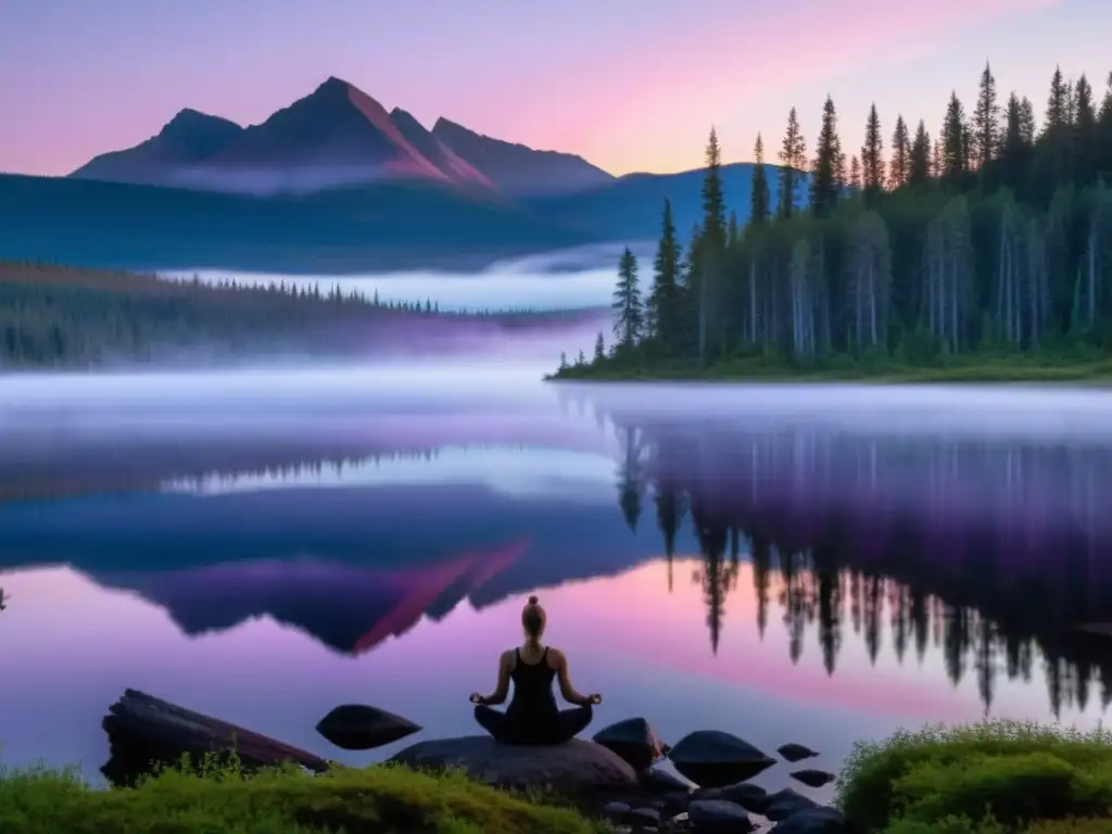 Escena serena en el bosque boreal con yoga en la naturaleza al amanecer, con árboles altos y un lago tranquilo