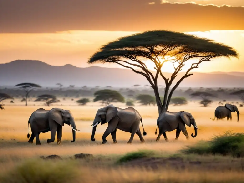 Escena serena de una sabana africana con elefantes en el horizonte al atardecer