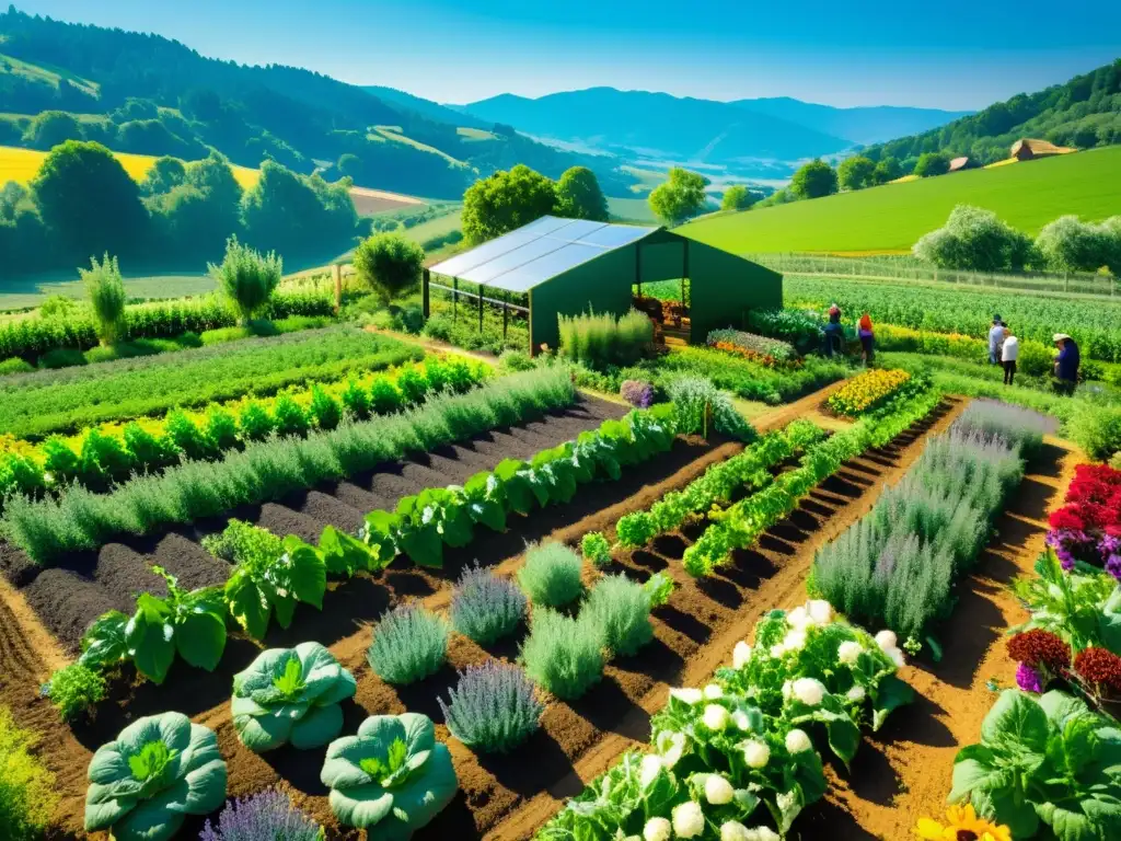 Una escena soleada de agricultura biointensiva, con camas ordenadas de cultivos diversos y biodiversidad en el fondo