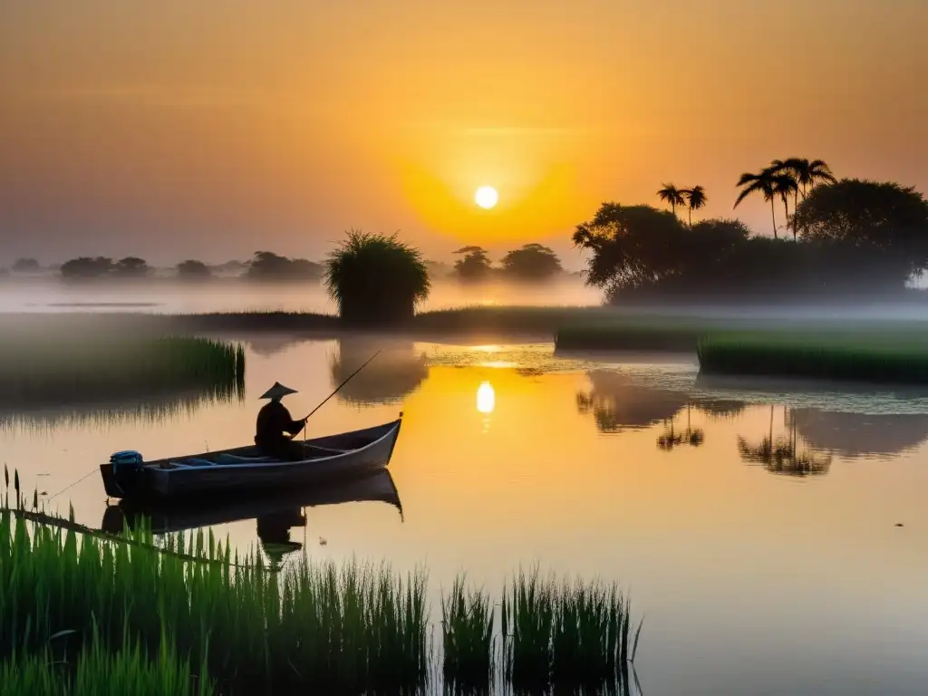 Escena tranquila en zona húmeda al amanecer, pescador en bote de madera practicando pesca sostenible