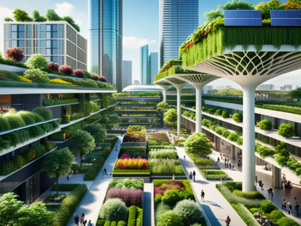 Escena urbana moderna con naturaleza integrada en ciudades, armonizando edificios, parques y actividades al aire libre