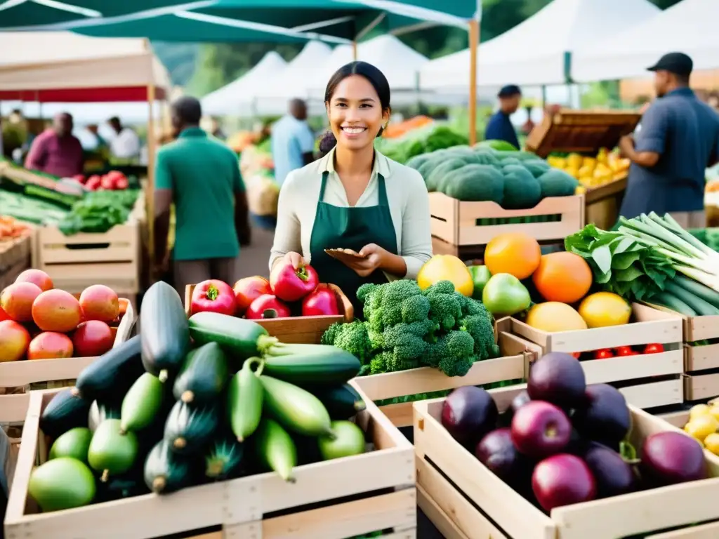 Una escena vibrante de un bullicioso mercado orgánico, con frutas y verduras frescas en cajas de madera y cestas de mimbre