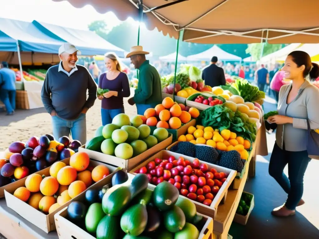 Una escena vibrante de un bullicioso mercado de agricultores orgánicos, con frutas y verduras coloridas y otros productos orgánicos en exhibición