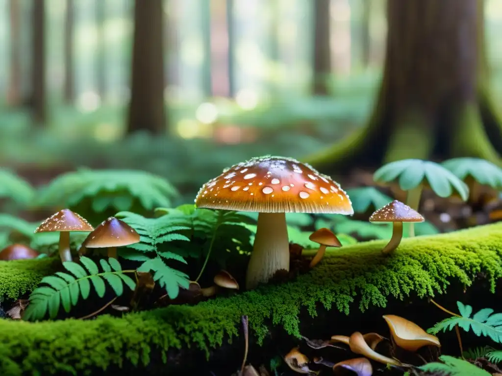 Escena vibrante de hongos en un bosque exuberante, con luz solar filtrándose entre el dosel y creando sombras