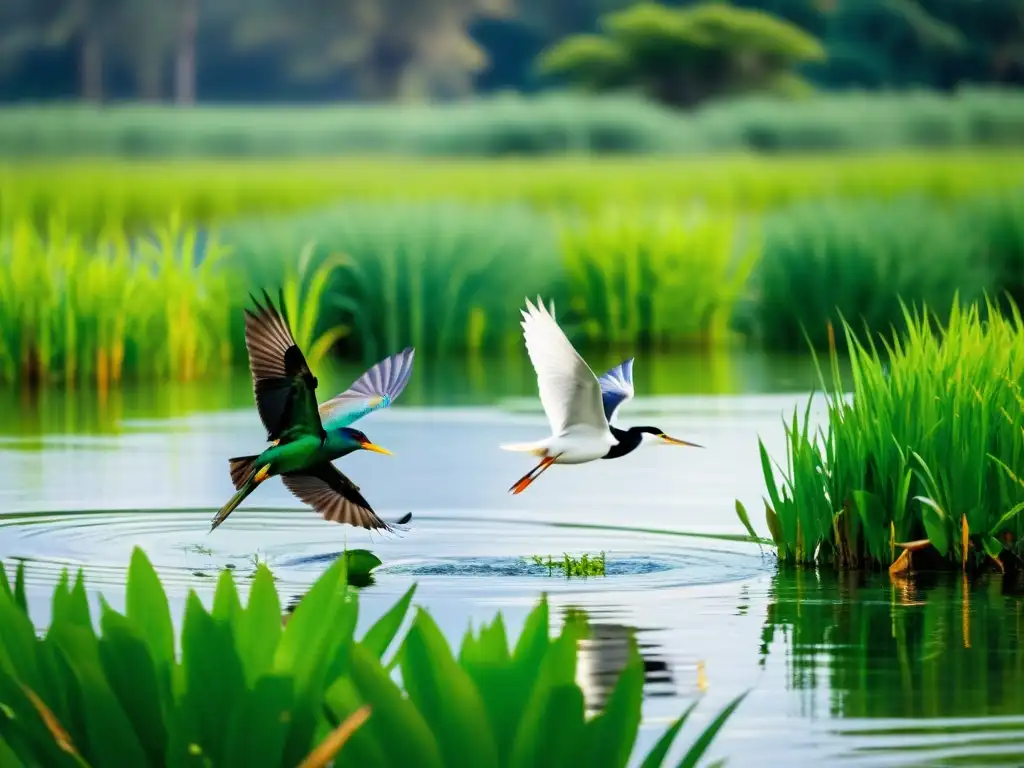 Escena vibrante en humedal con competencia interespecífica entre aves, reptiles y anfibios