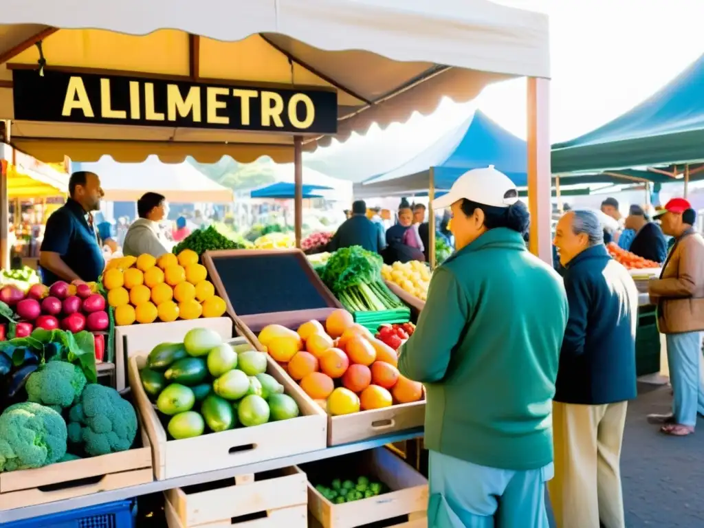 Escena vibrante de un mercado con frutas y verduras coloridas en puestos de madera