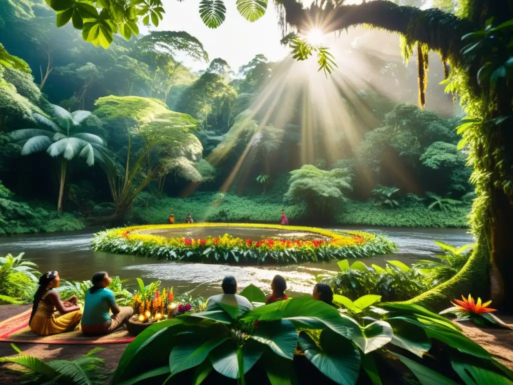 Escena vibrante de la selva con árboles imponentes, flores coloridas y río