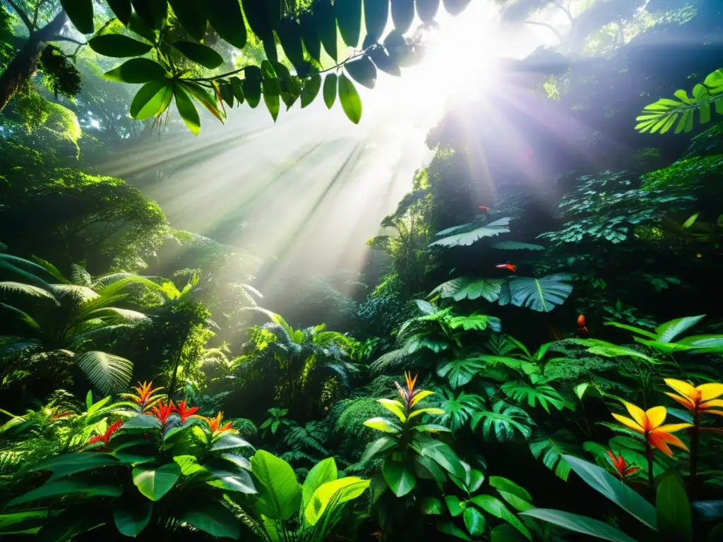 Escena vibrante de la selva tropical con diversa vida silvestre y una cadena alimenticia en la selva exuberante