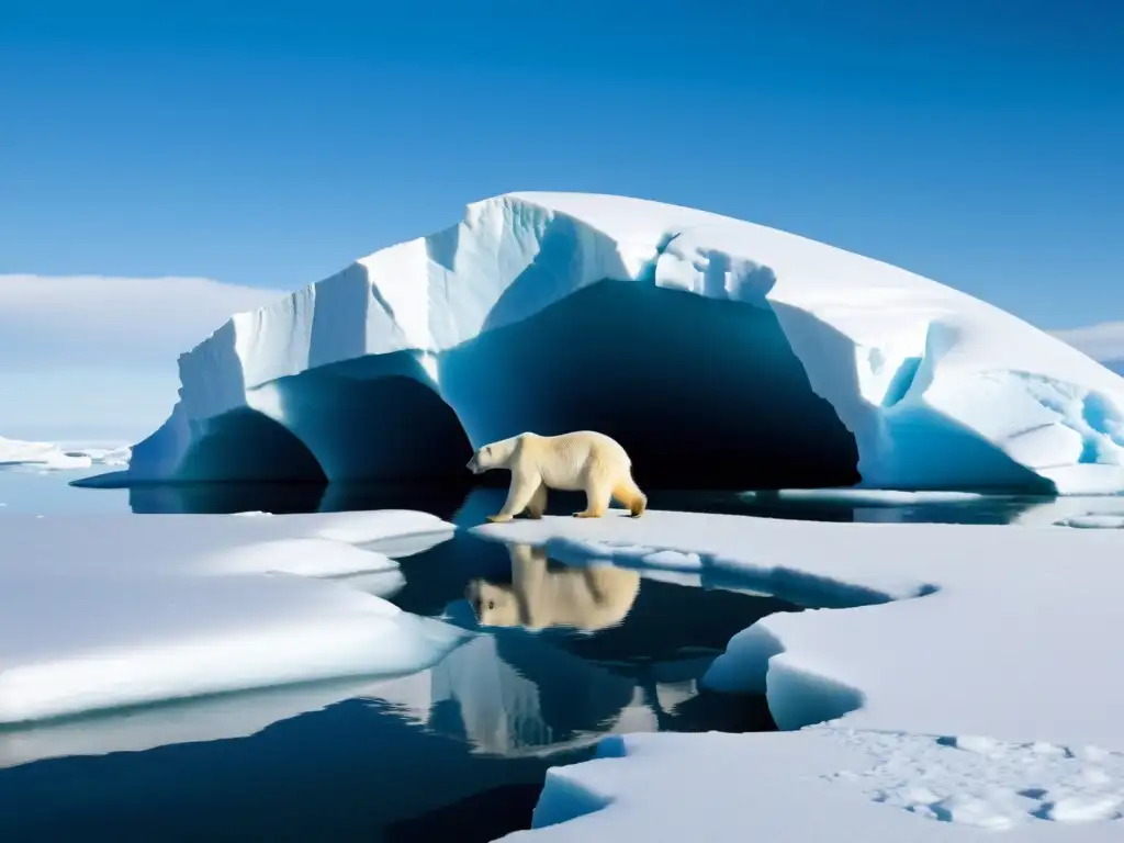 Un escenario helado en el Ártico con un oso polar cazando focas en un agujero en el hielo