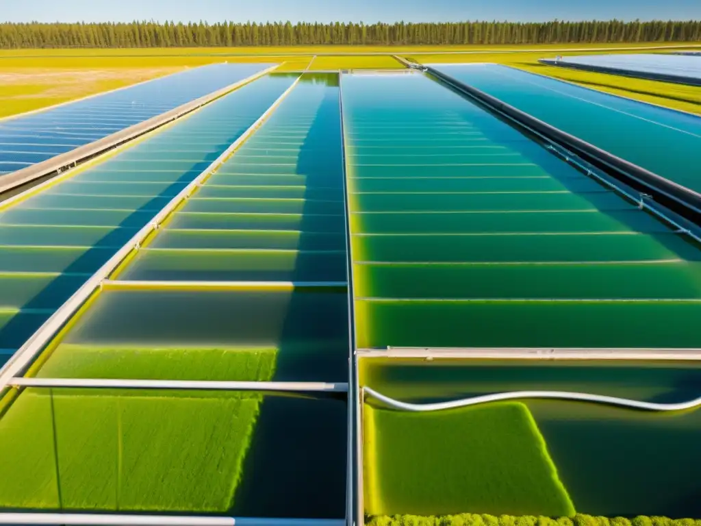 Un escenario sereno de cultivo de microalgas a gran escala bañado por la cálida luz dorada del atardecer