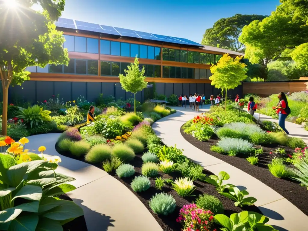 Un jardín escolar exuberante con diversidad de plantas y flores, donde estudiantes realizan actividades de aprendizaje con su maestra