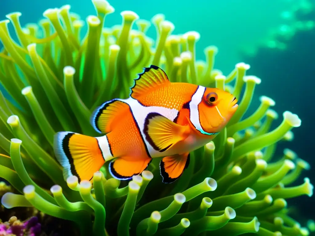 Una escuela de peces payaso naranja y blanco nada entre las olas de una anémona verde fluorescente en un arrecife de coral próspero