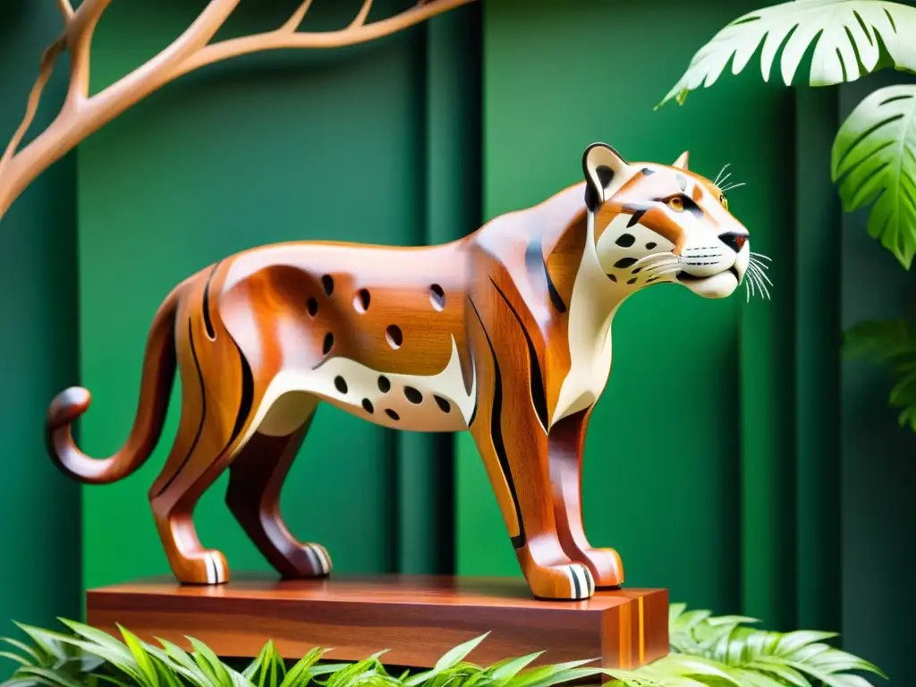 Escultura de jaguar de madera de caoba detallada con precisión, inmersa en la belleza cruda y salvaje de la Amazonía