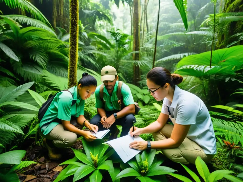 'Formación para ser ecólogo especializado: Grupo de ecologistas en la selva, estudiando plantas y animales con pasión y diversidad