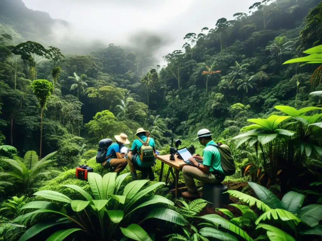 Formación para ser ecólogo especializado: Investigadores en la exuberante selva recolectando datos con tecnología avanzada