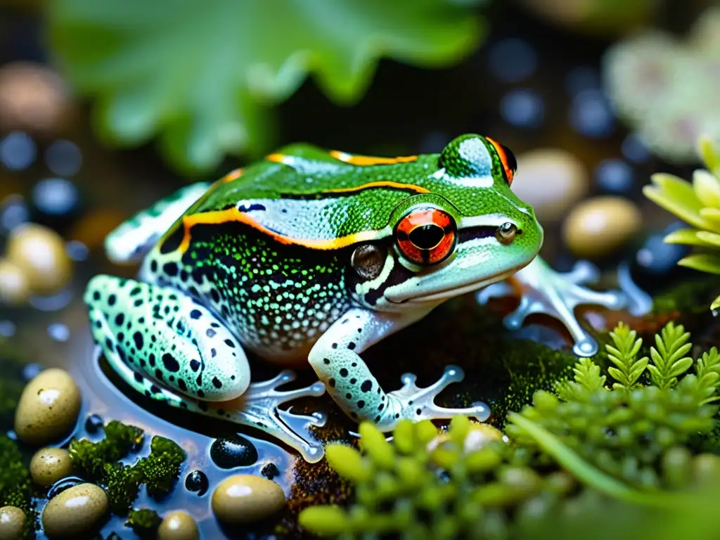 Especie anfibia del Mediterráneo, rana pintada descansa en musgo verde con agua clara y plantas acuáticas