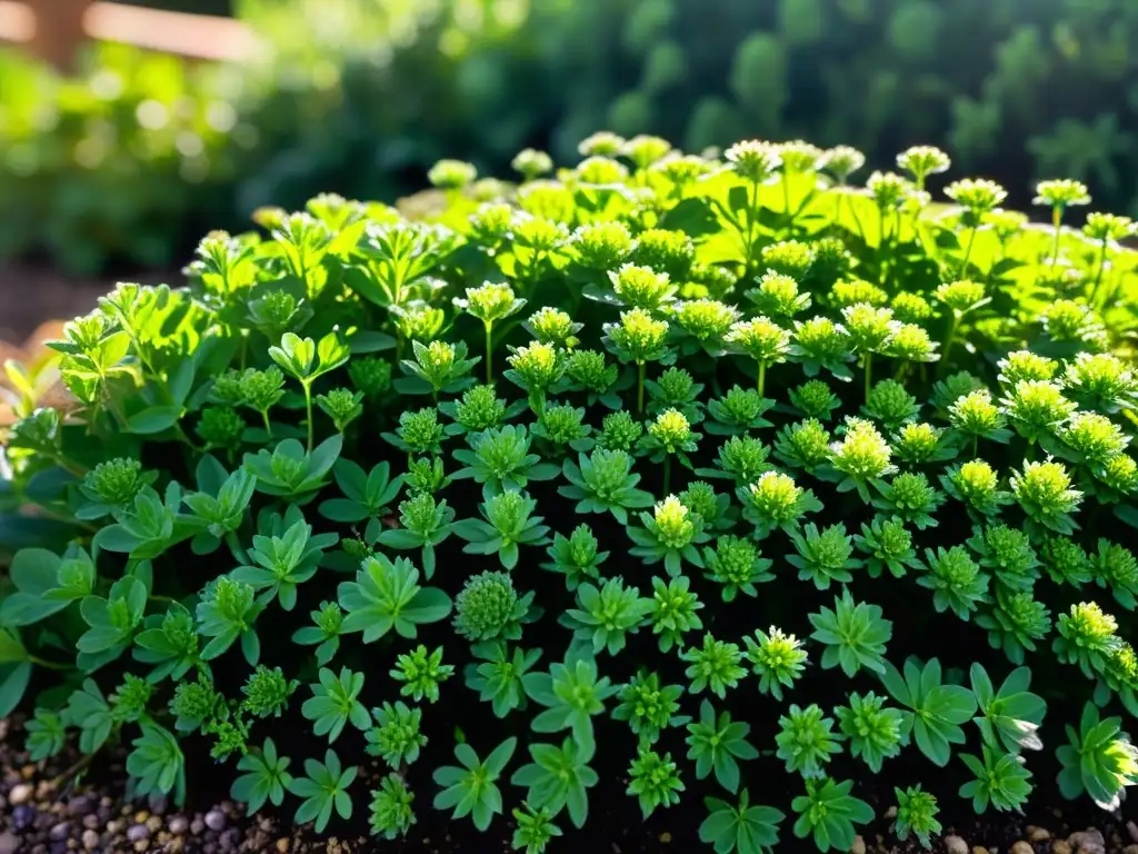 Selección especies cubierta vegetal: Jardín exuberante con diversidad de plantas, luz filtrada y gotas de rocío