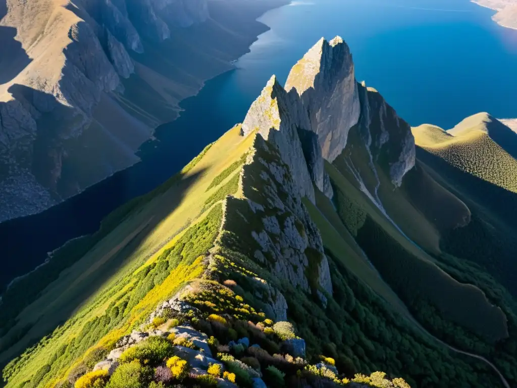 Especies endémicas ecosistemas montaña: Vista aérea impresionante de un pico montañoso, con flora única y animales resilientes