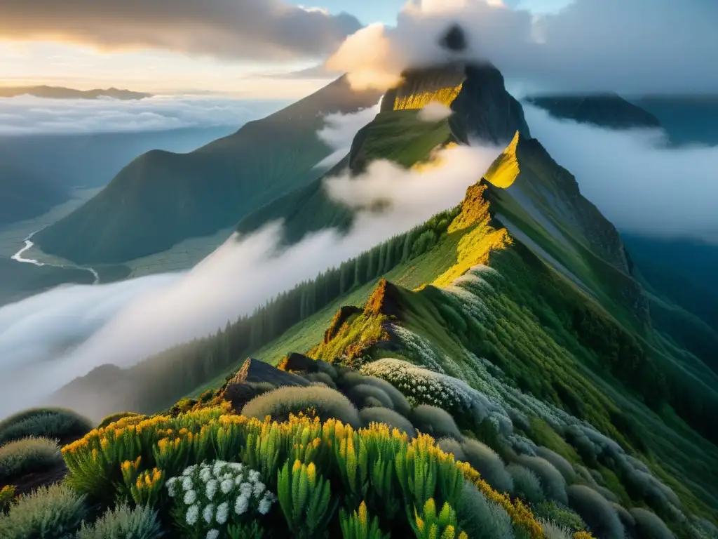 Especies endémicas en el ecosistema de montaña, entre la niebla, con la luz del sol resaltando la belleza y fragilidad del paisaje