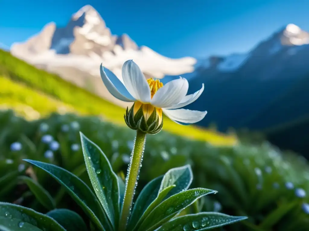 Especies endémicas ecosistemas montaña: Imagen de una flor alpina vibrante, cubierta de rocío, rodeada de exuberante vegetación y picos nevados