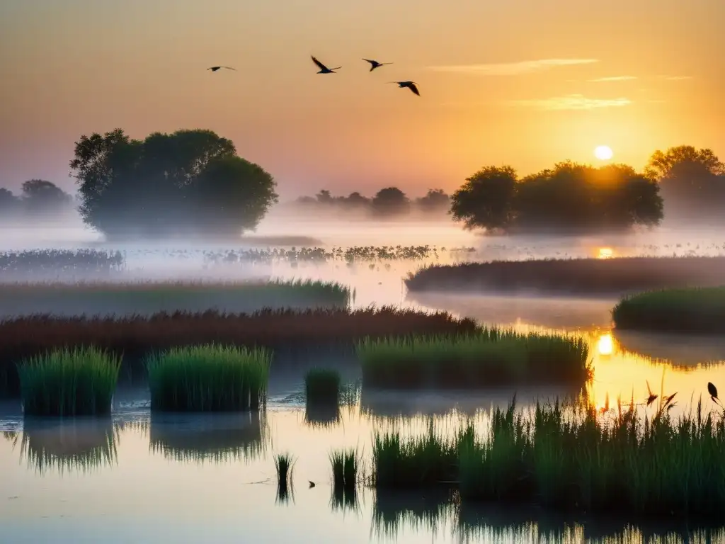 Espectacular amanecer en una vasta zona húmeda llena de vida aviar, resaltando la importancia de las zonas húmedas para las aves migratorias