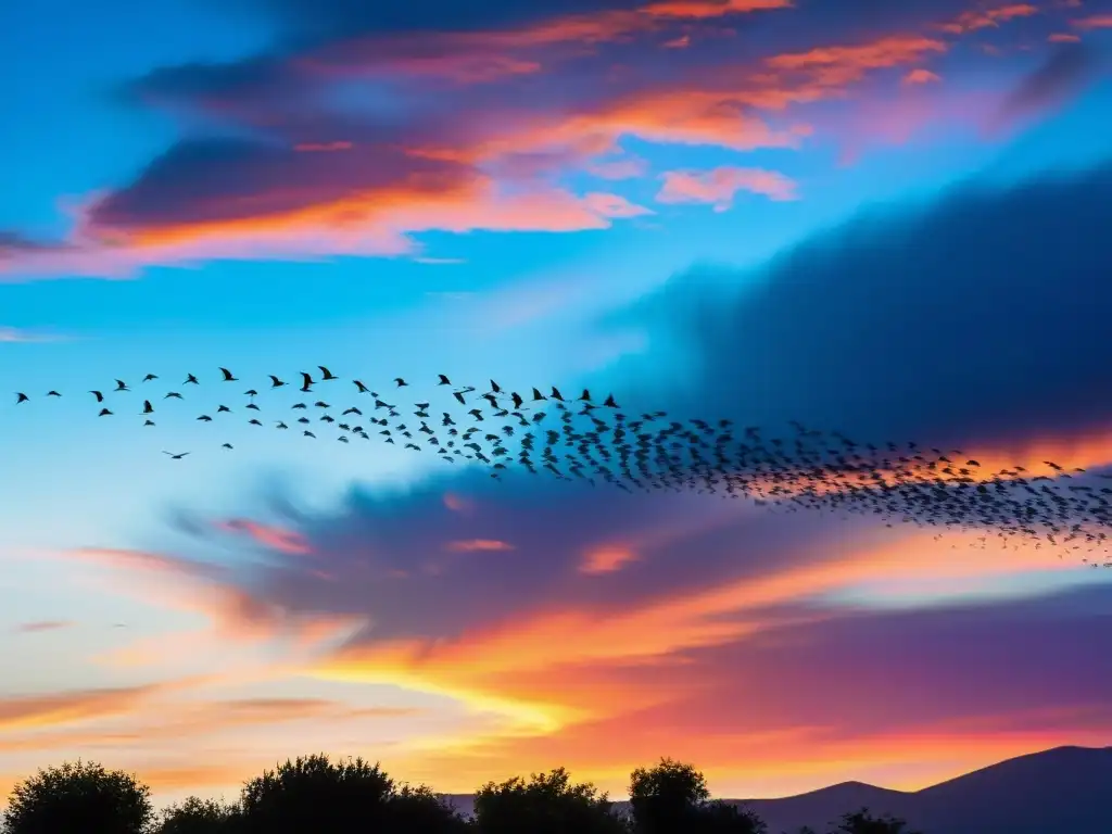 Un espectacular atardecer con una bandada de aves migratorias en vuelo