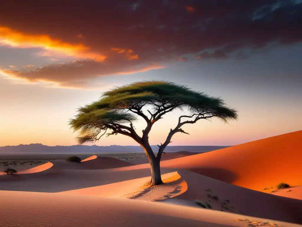 Espectacular atardecer en el desierto del Kalahari, con vida silvestre y hermosos colores naranja y rosa en el cielo