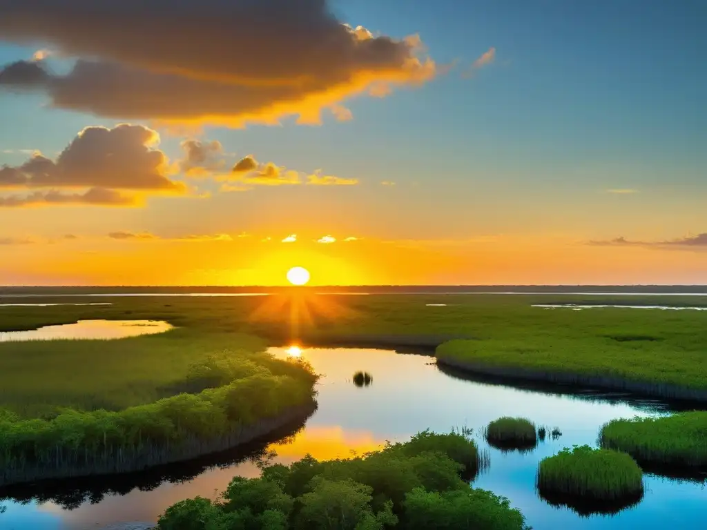 Espectacular atardecer en los Everglades de Florida, ecosistema de zonas húmedas, con rica vida silvestre y exuberante vegetación