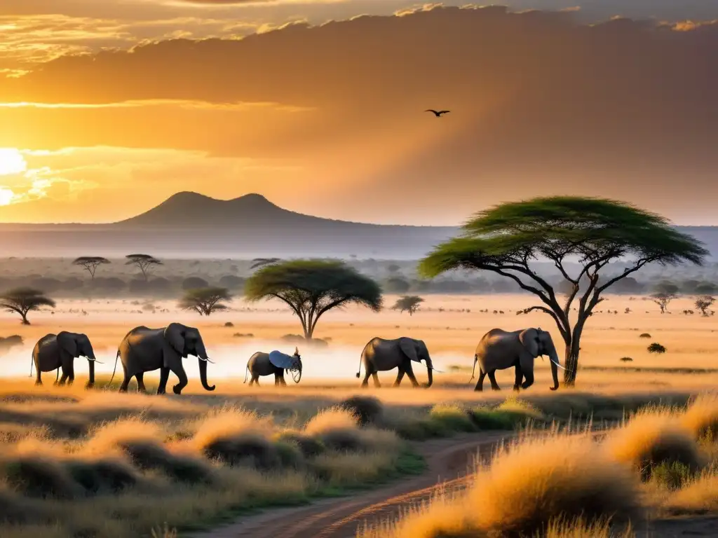 Espectacular atardecer en la sabana africana, con elefantes, jirafas y cebras en armonía