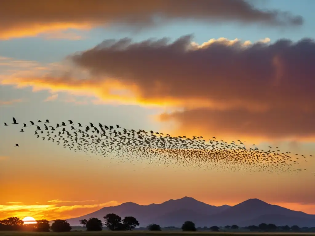 Espectacular bandada de aves migratorias en vuelo al atardecer, resaltando la conservación de especies migratorias sin fronteras