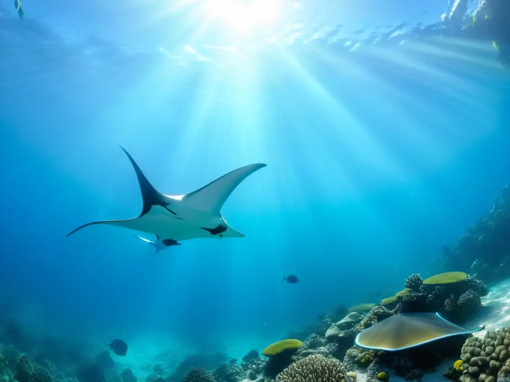 Espectacular ecosistema marino en el Mar de Cortés: vibrante coral, peces y una manta ray